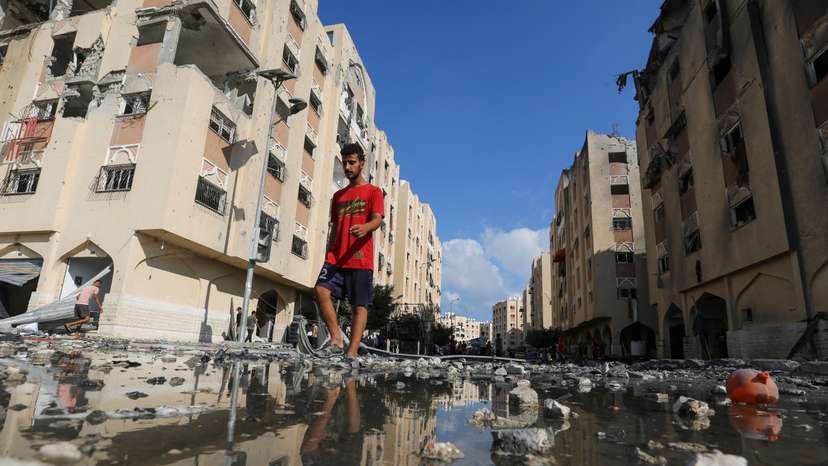 Aftermath of Israeli strikes on residential buildings in Hamad City, in Khan Younis in the southern Gaza Strip