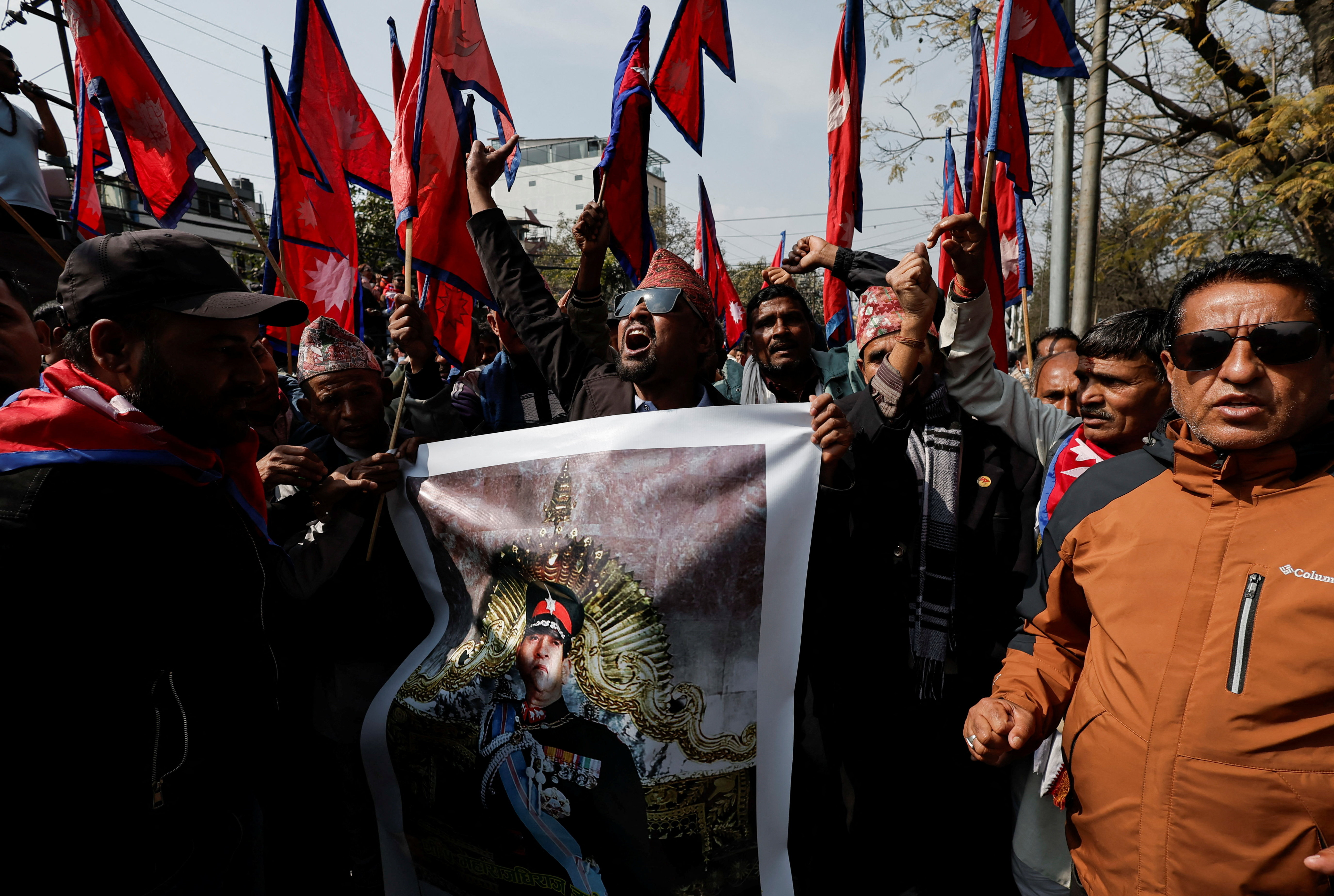 Former King of Nepal Gyanendra Bir Bikram Shah Dev is welcomed by the pro-monarchy supporters in Kathmandu