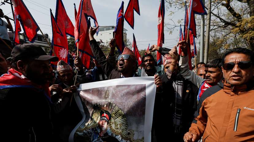 Former King of Nepal Gyanendra Bir Bikram Shah Dev is welcomed by the pro-monarchy supporters in Kathmandu