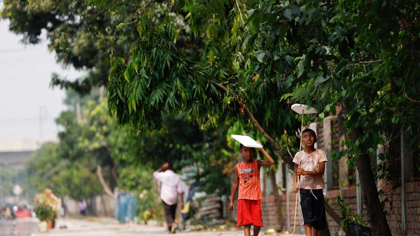 Children hold cork sheets to cover them from the sun while walking along a street during a countrywide heatwave in Dhaka