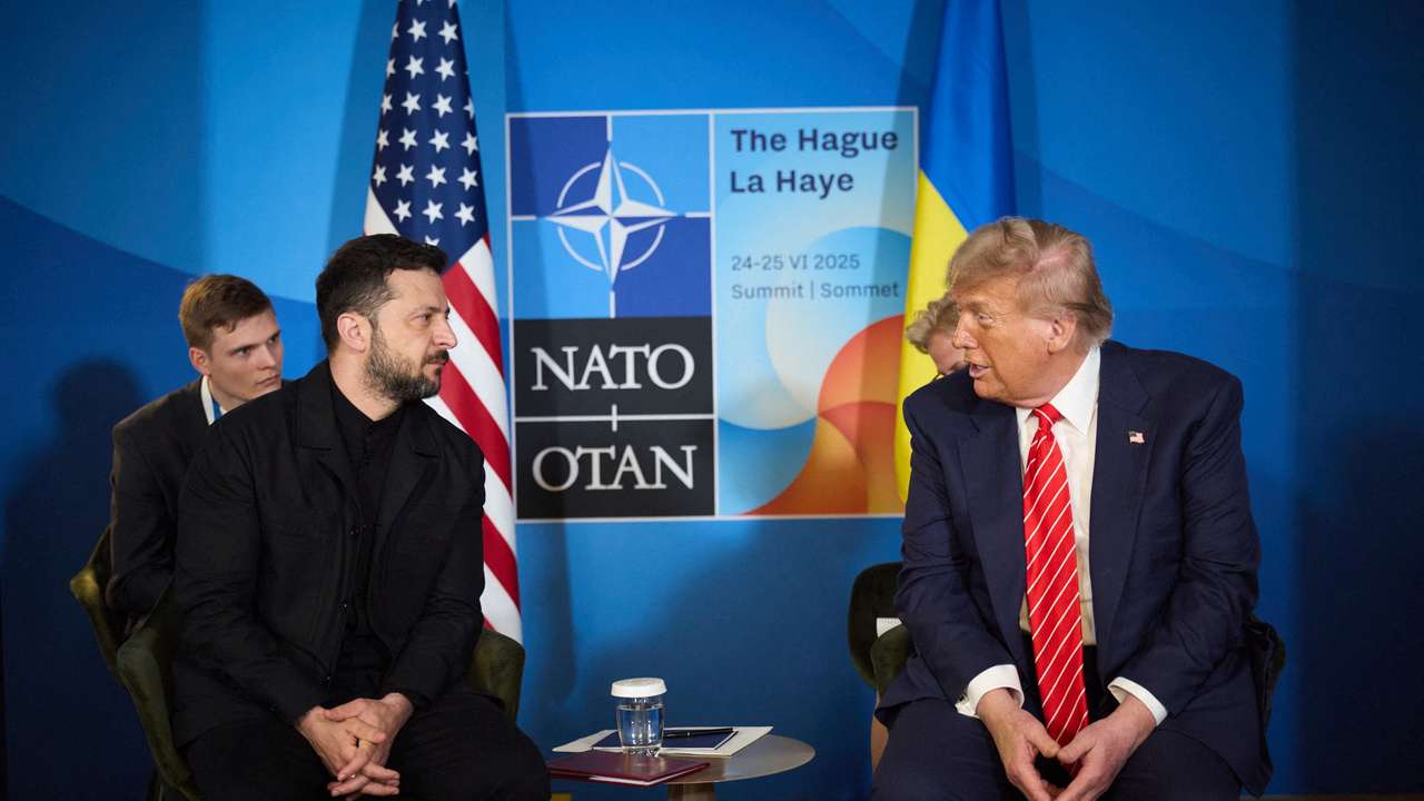 U.S. President Trump and Ukraine's President Zelenskiy attend a meeting on the sidelines of NATO summit in The Hague