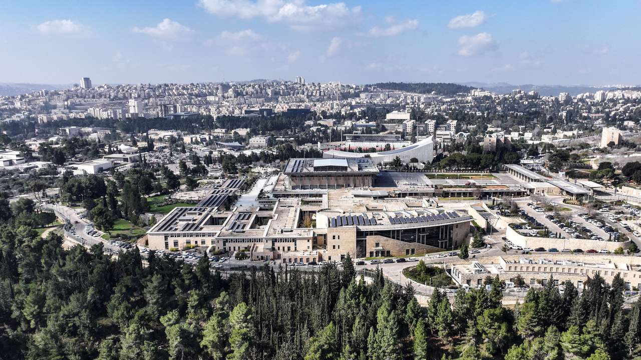 A drone view of Jerusalem with the Knesset, the Israeli parliament, in Jerusalem