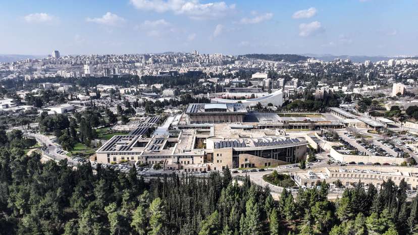 A drone view of Jerusalem with the Knesset, the Israeli parliament, in Jerusalem