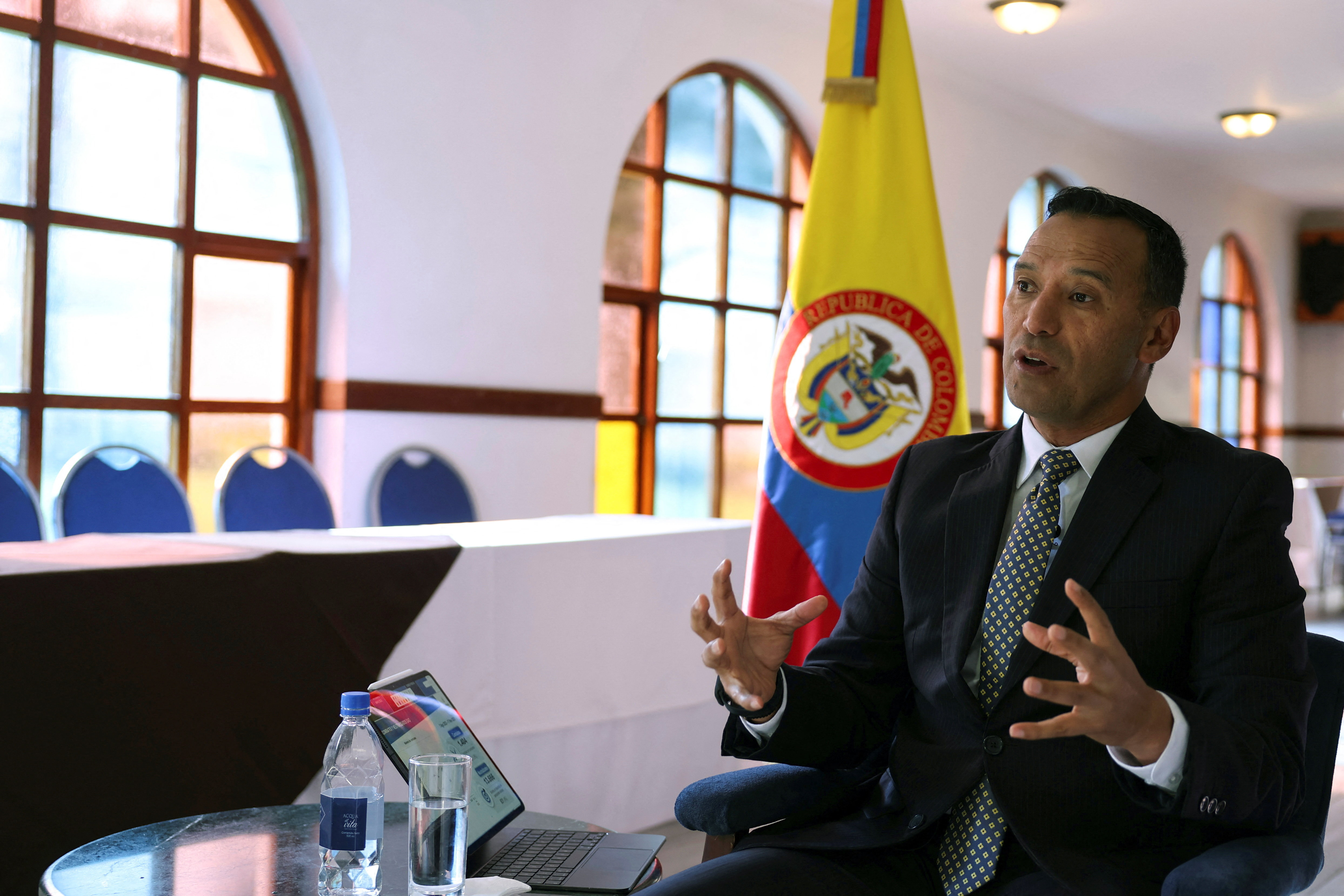 Colombian Minister of Defense, Pedro Arnulfo Sanchez, speaks during an interview with Reuters in Bogota