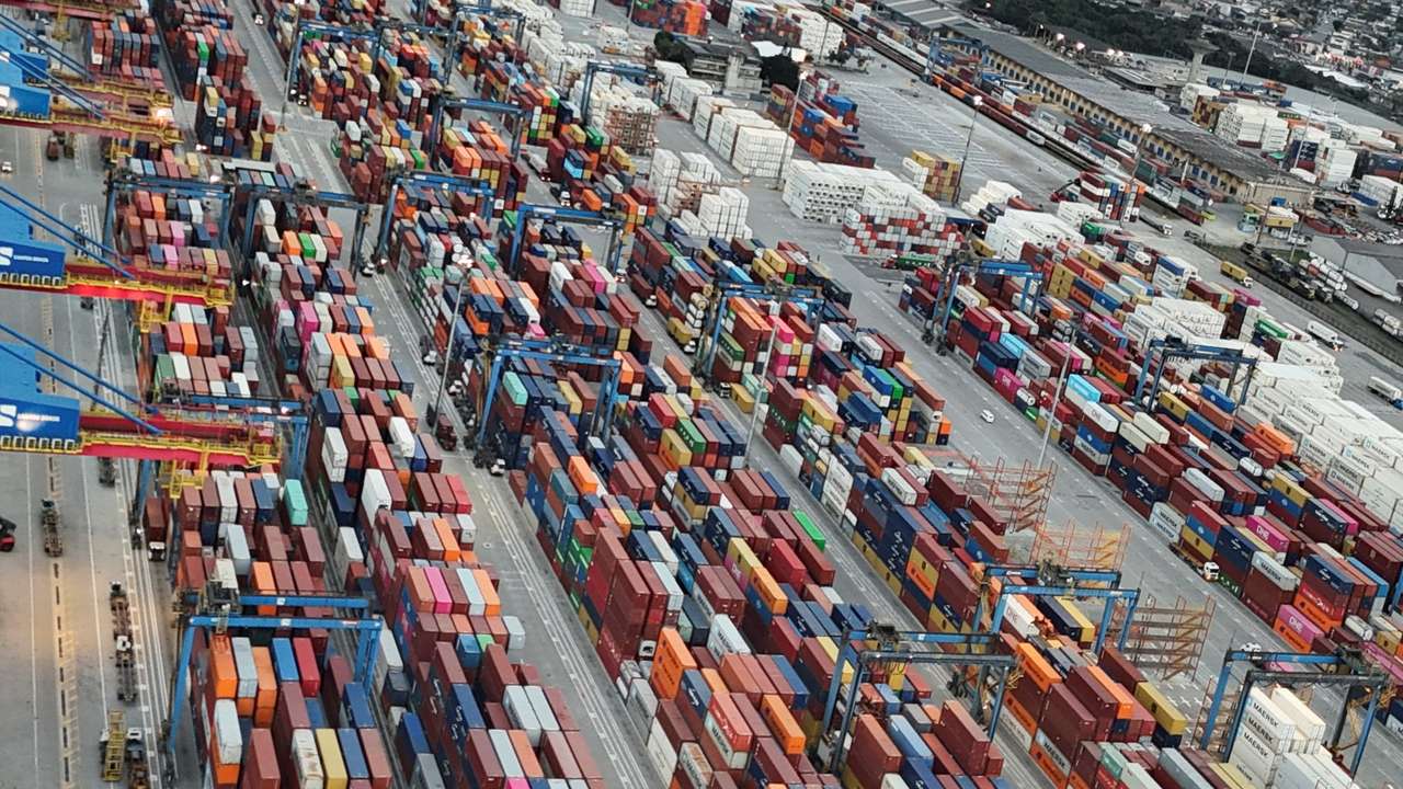 A drone view shows the port of Santos in Brazil
