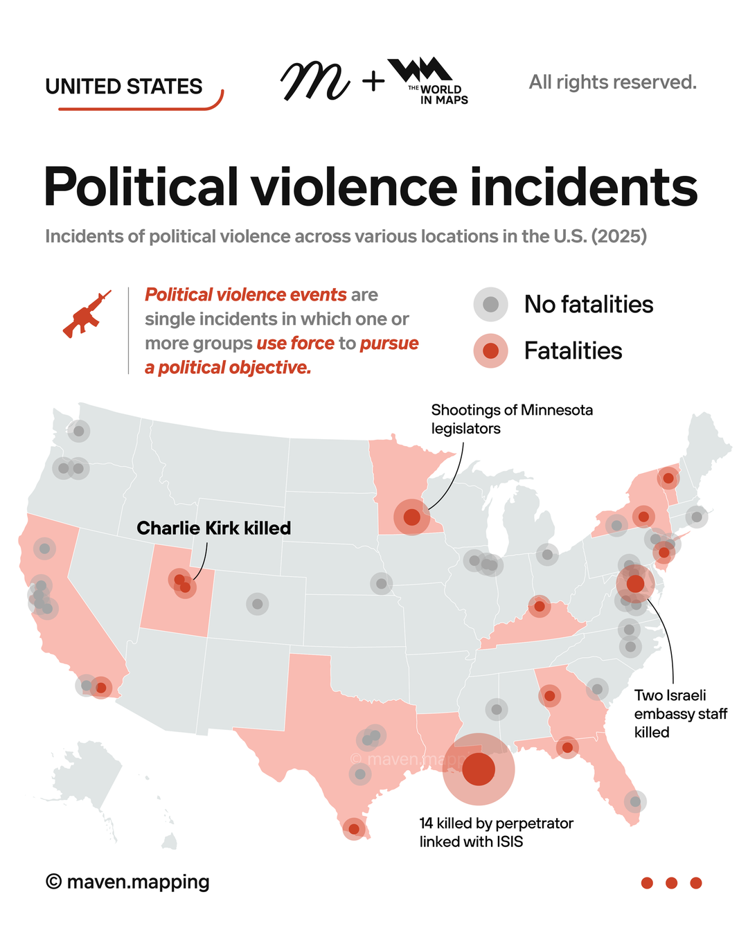 The map of political violence incidents in the United States in 2025 paints a grim mosaic of unr
