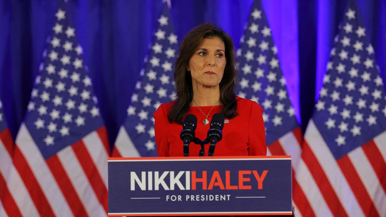 Republican presidential candidate Nikki Haley announces the suspension of her campaign, in Charleston