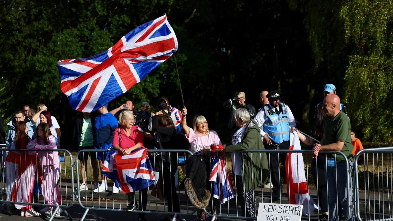 Protesters attend an anti-immigration demonstration outside The Bell Hotel, in Epping