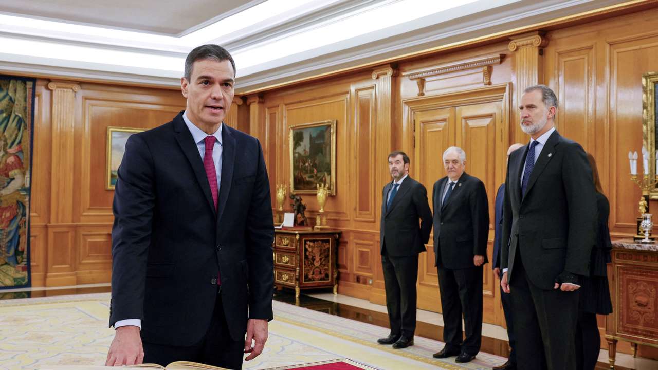 Spain's PM Sanchez takes the oath of office during a ceremony at Zarzuela Palace in Madrid
