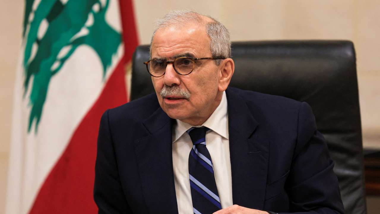 Lebanese Prime Minister Nawaf Salam speaks to journalists at the government headquarters, in Beirut