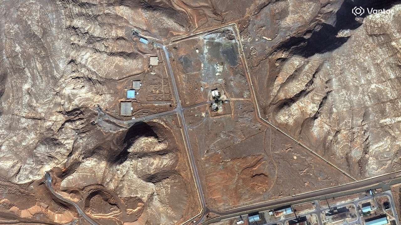 A satellite image shows un‑buried tunnel entrances at Isfahan nuclear complex