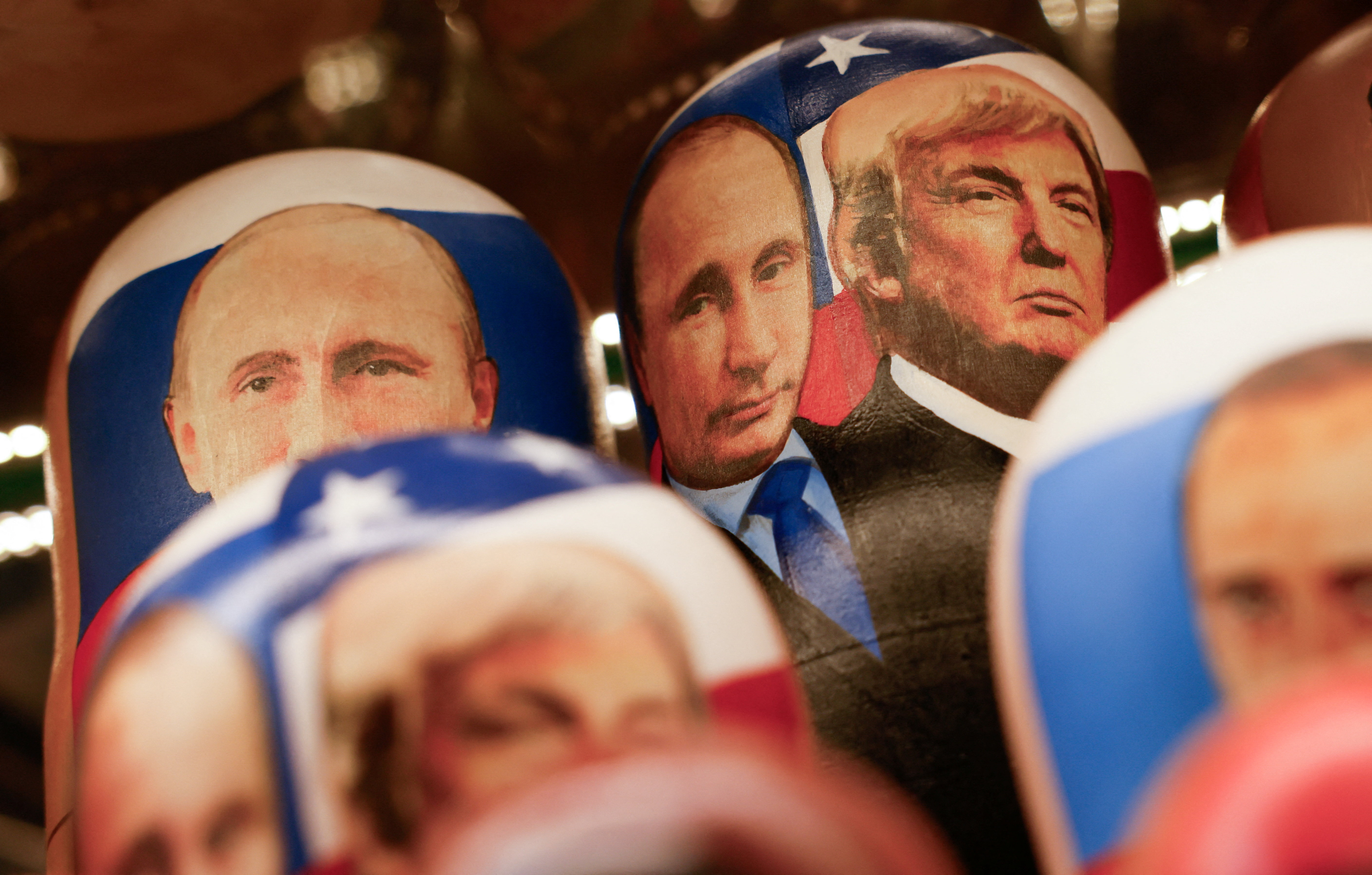 Souvenirs featuring Russian President Putin and U.S. President Trump on sale in Moscow