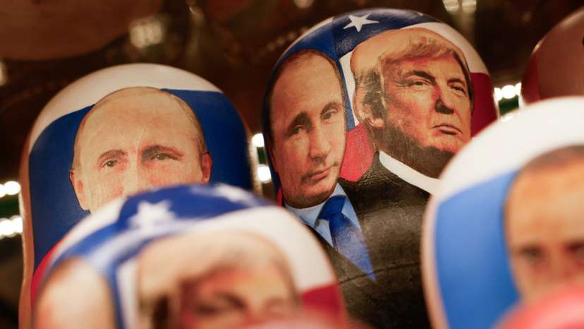 Souvenirs featuring Russian President Putin and U.S. President Trump on sale in Moscow