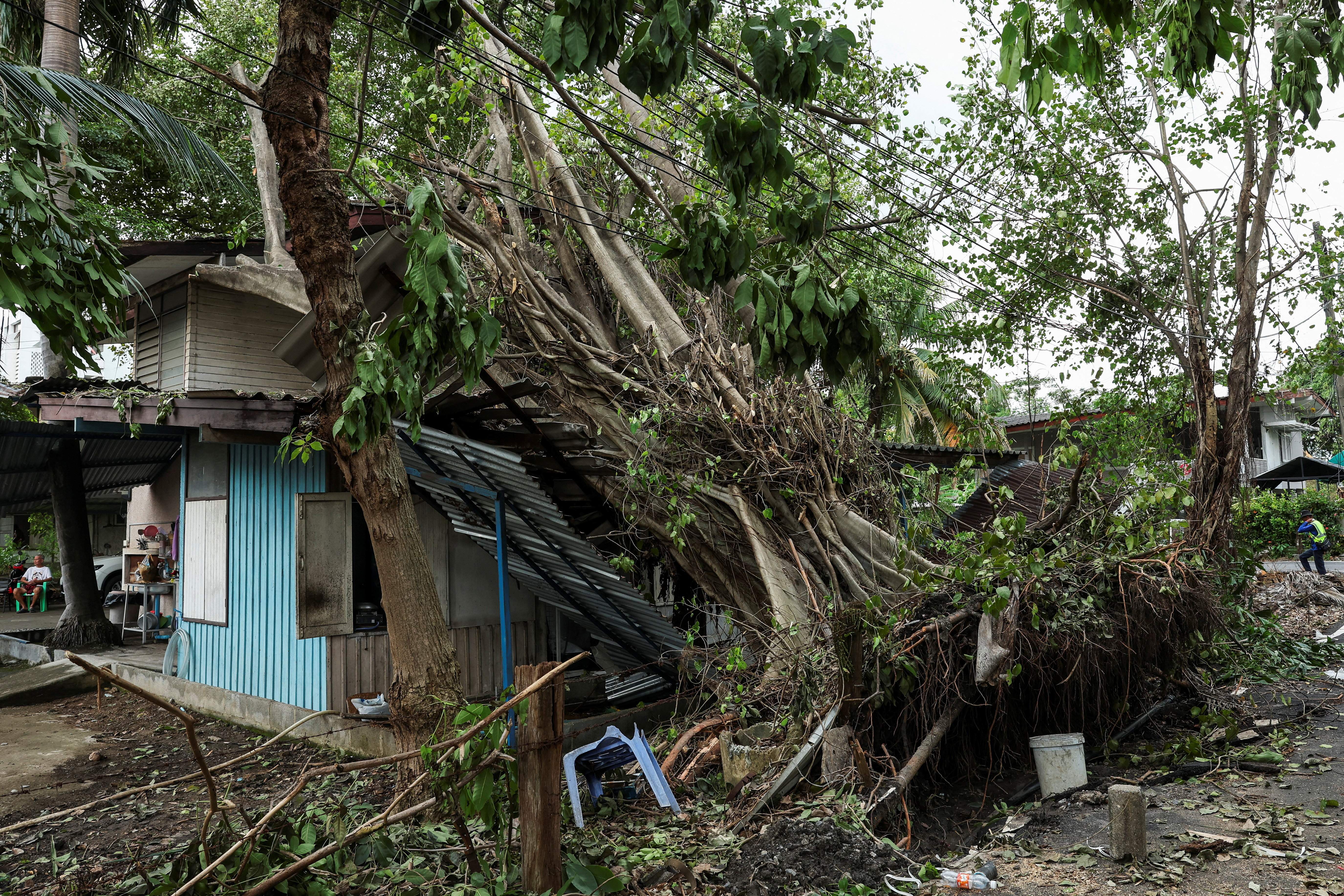 A fallen tree sits atop a house following heavy rain and strong winds on Friday, in Bangkok