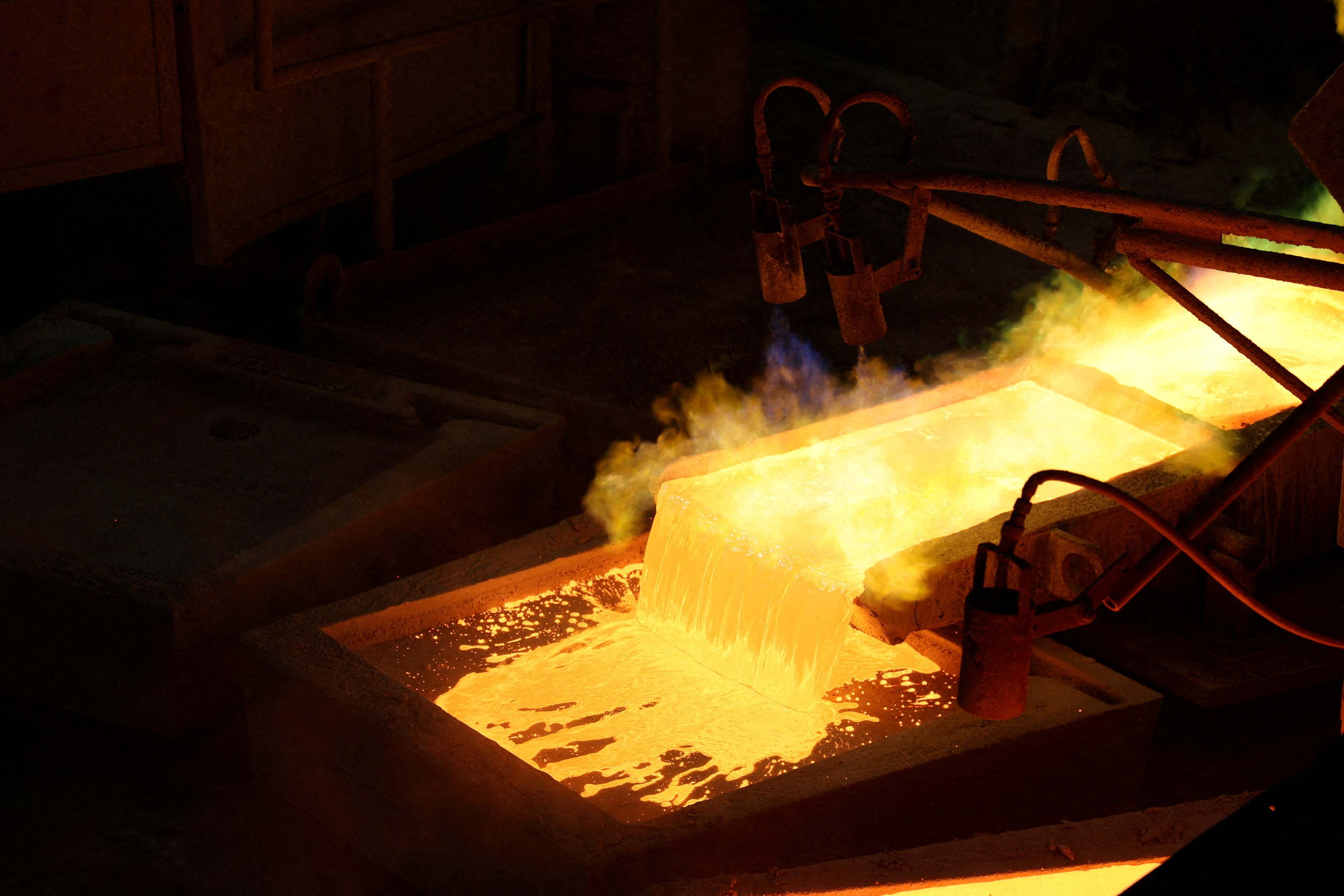 FILE PHOTO: A general view of molten copper at Anglo American's smelter in Chagres