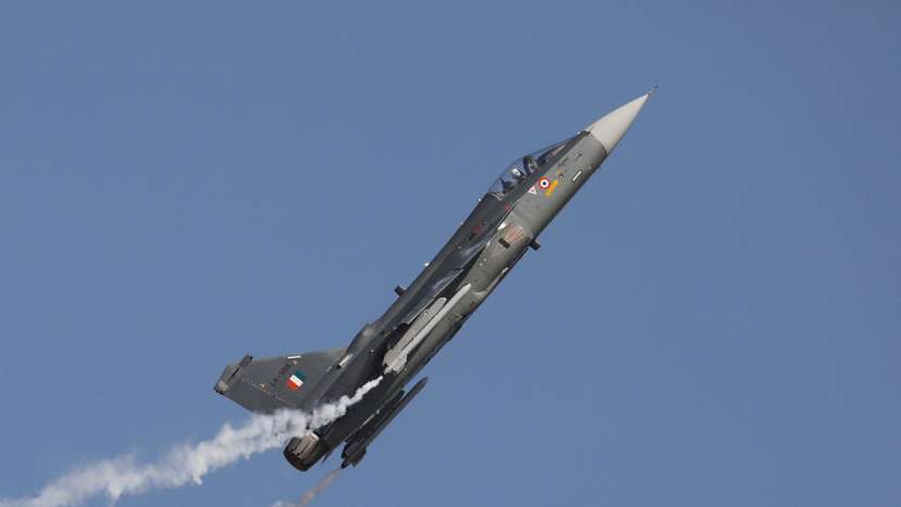 An Indian Air Force (IAF) light combat aircraft "Tejas" performs during the Indian Air Force Day celebrations at the Hindon Air Force Station on the outskirts of New Delhi