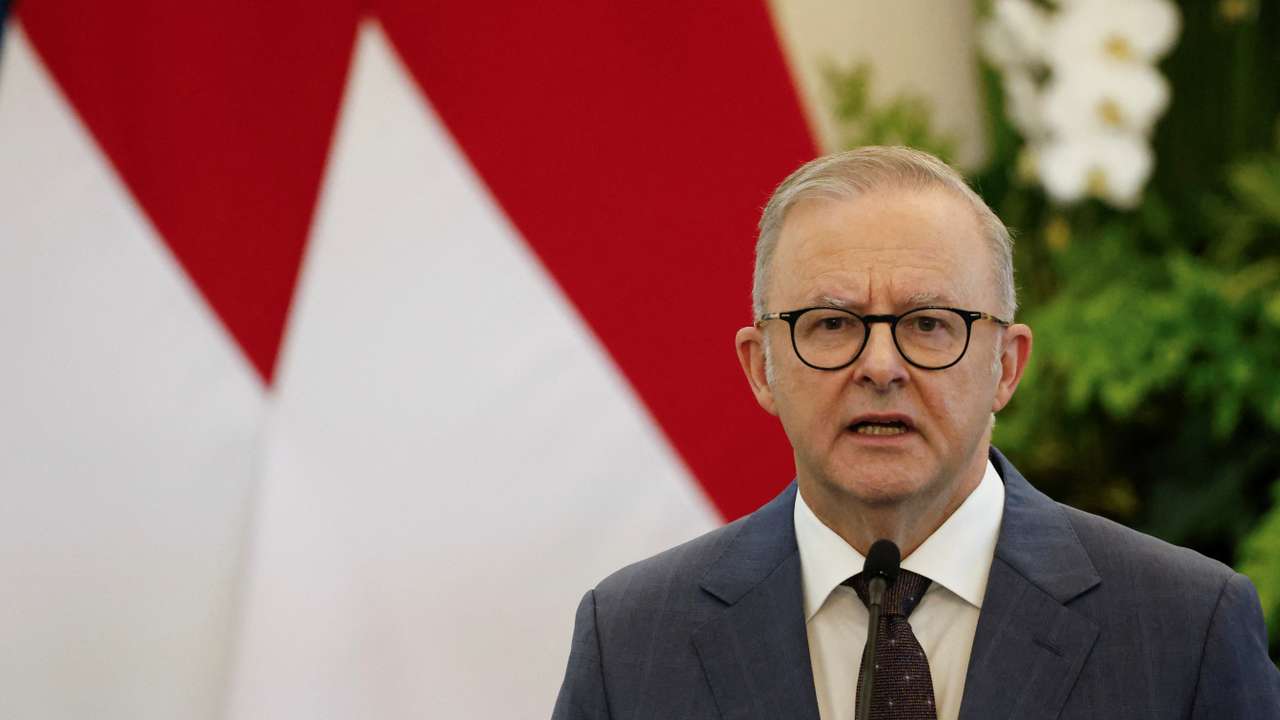Australia's Prime Minister Anthony Albanese speaks during a press conference with Indonesian President Prabowo Subianto (not pictured) at the Merdeka Palace in Jakarta