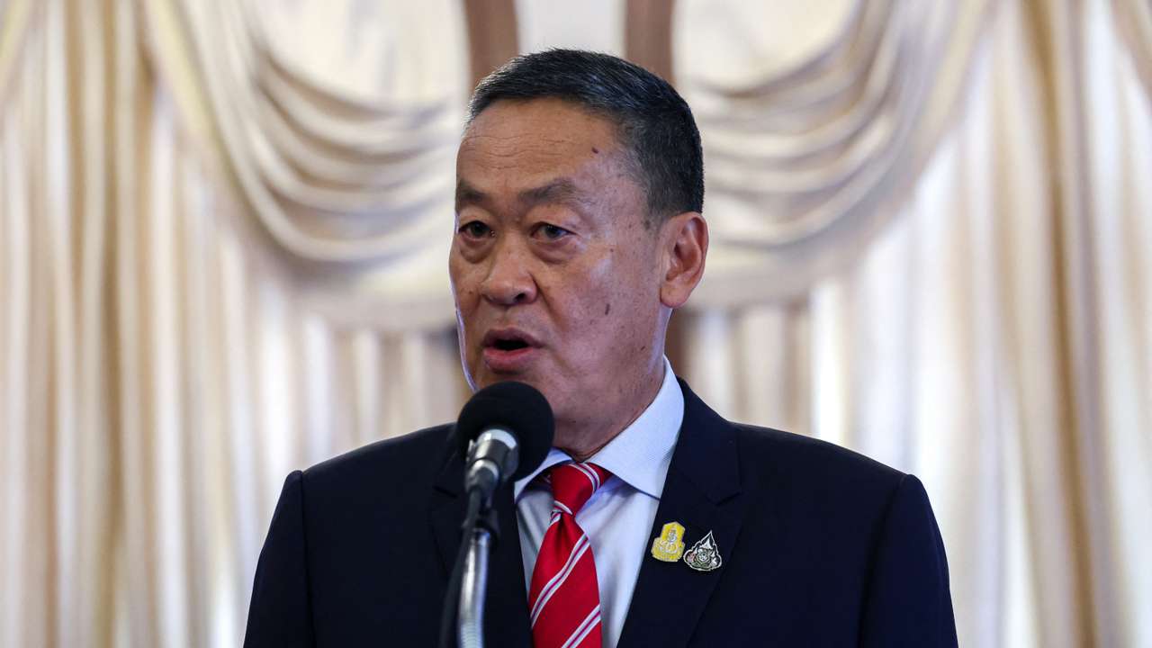 Thailand's Prime Minister Srettha Thavisin speaks to members of media about Thai Foreign Minister Parnpree Bahiddha-Nukara's resignation at the Government House in Bangkok