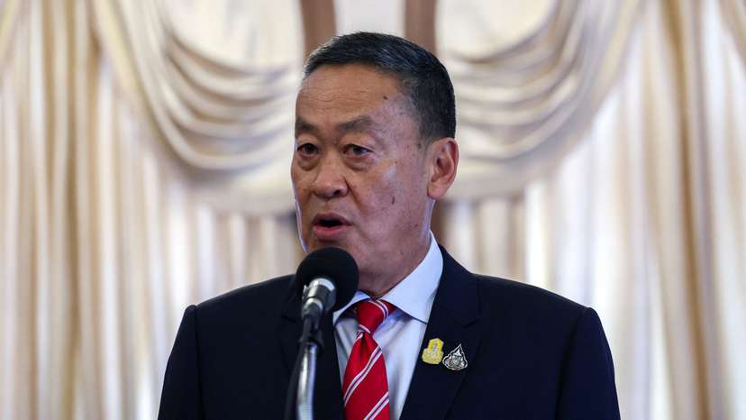Thailand's Prime Minister Srettha Thavisin speaks to members of media about Thai Foreign Minister Parnpree Bahiddha-Nukara's resignation at the Government House in Bangkok