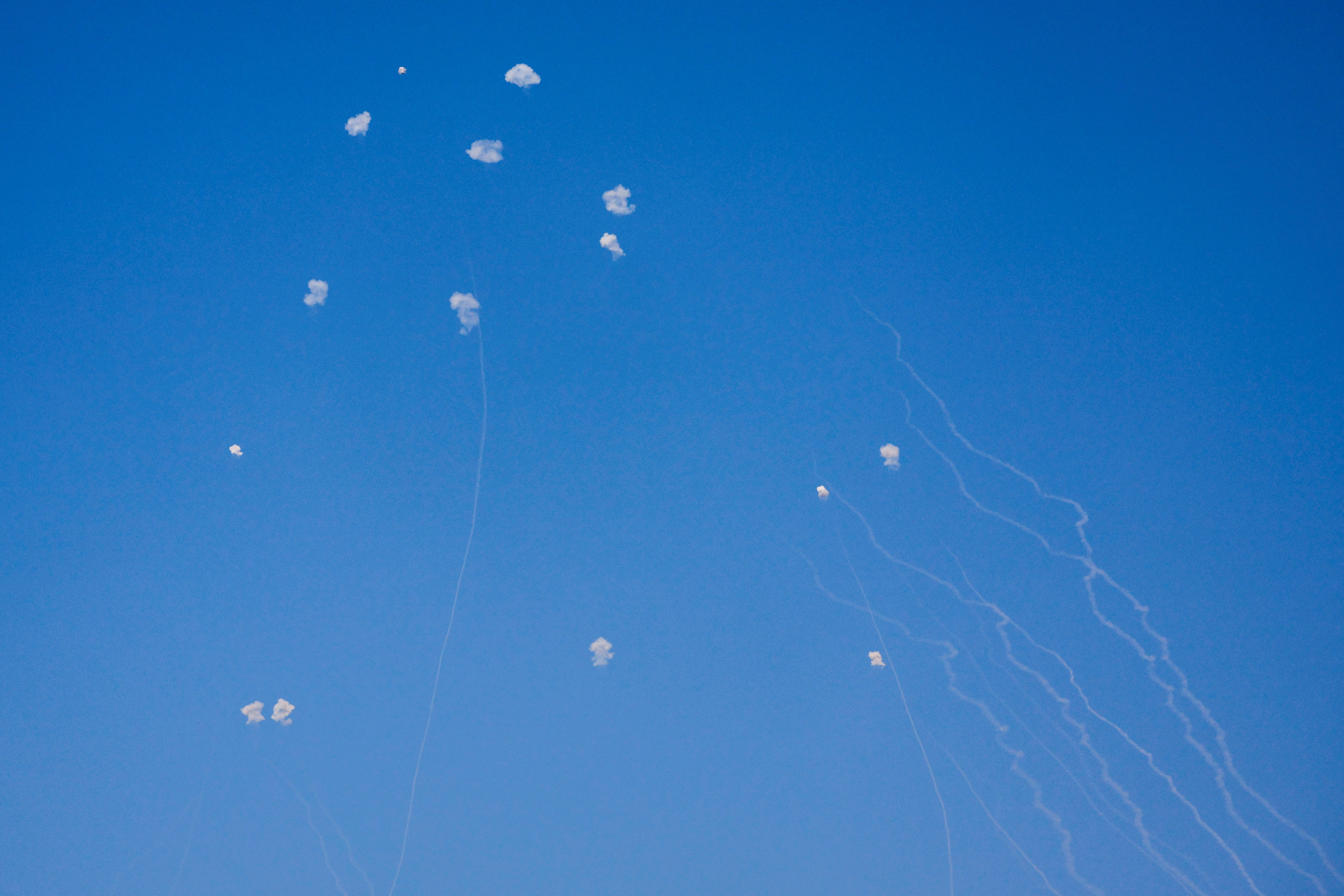 Israel's Iron Dome anti-missile system intercepts rockets launched from Lebanon, as seen from Haifa