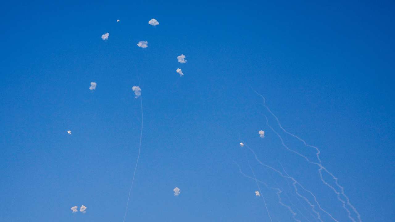 Israel's Iron Dome anti-missile system intercepts rockets launched from Lebanon, as seen from Haifa