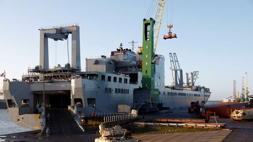 U.S. army vehicles arrive in Europe to reinforce NATO frontier, in Vlissingen