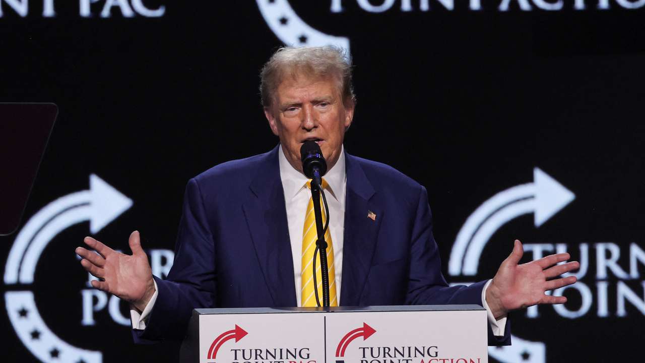 Former U.S. President Donald Trump attends a Turning Point USA event at the Dream City Church in Phoenix