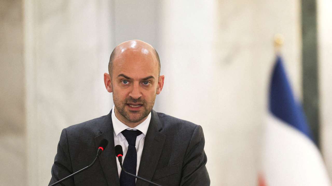 FILE PHOTO: French Minister for Europe and Foreign Affairs Jean-Noel Barrot speaks during a press conference in Baghdad, Iraq