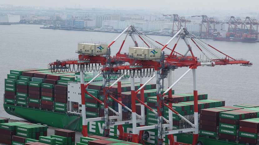 Containers are pictured at an industrial port in Tokyo