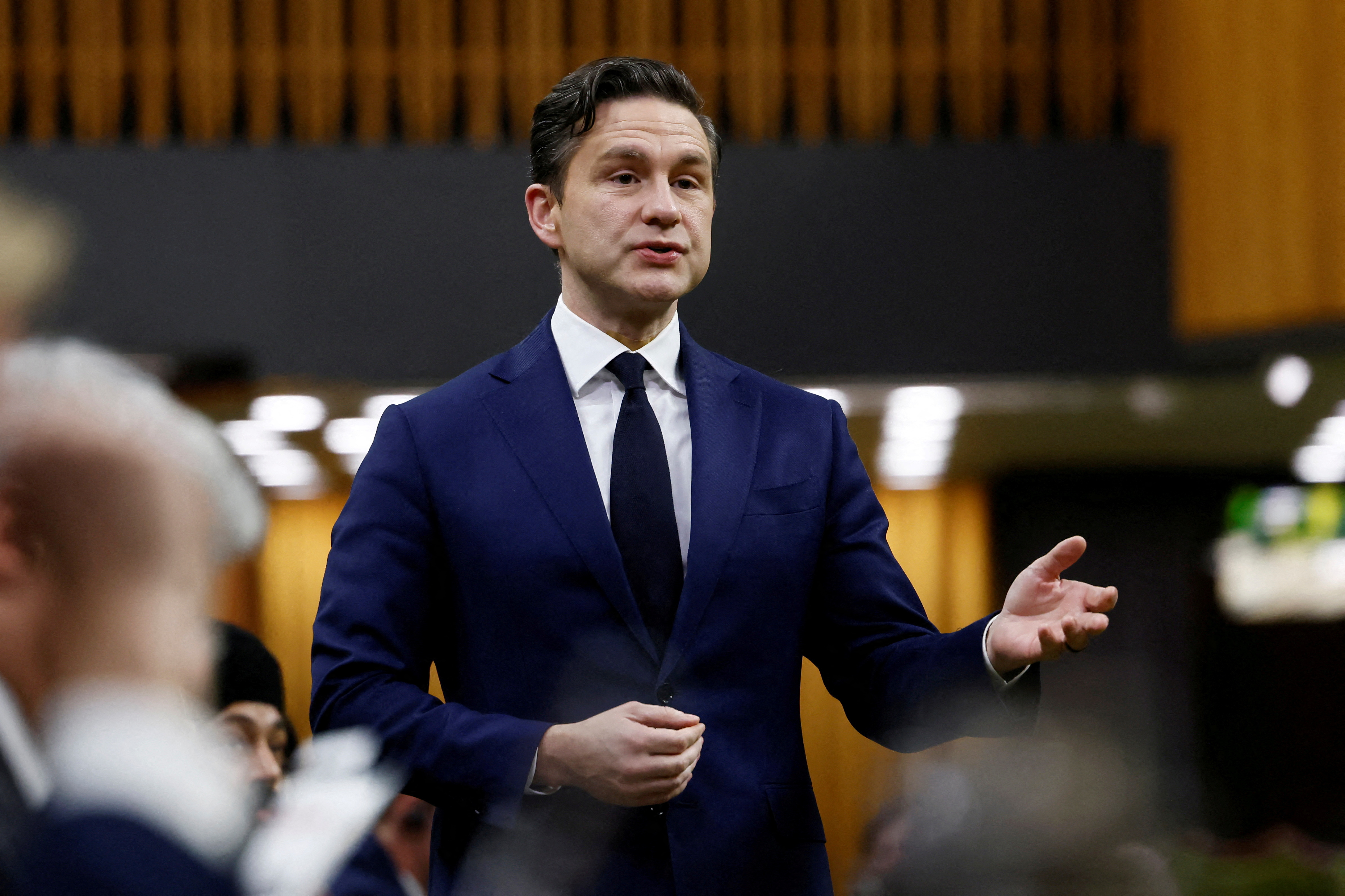 FILE PHOTO: Conservative Party of Canada leader Pierre Poilievre speaks during Question Period in the House of Commons on Parliament Hill in Ottawa