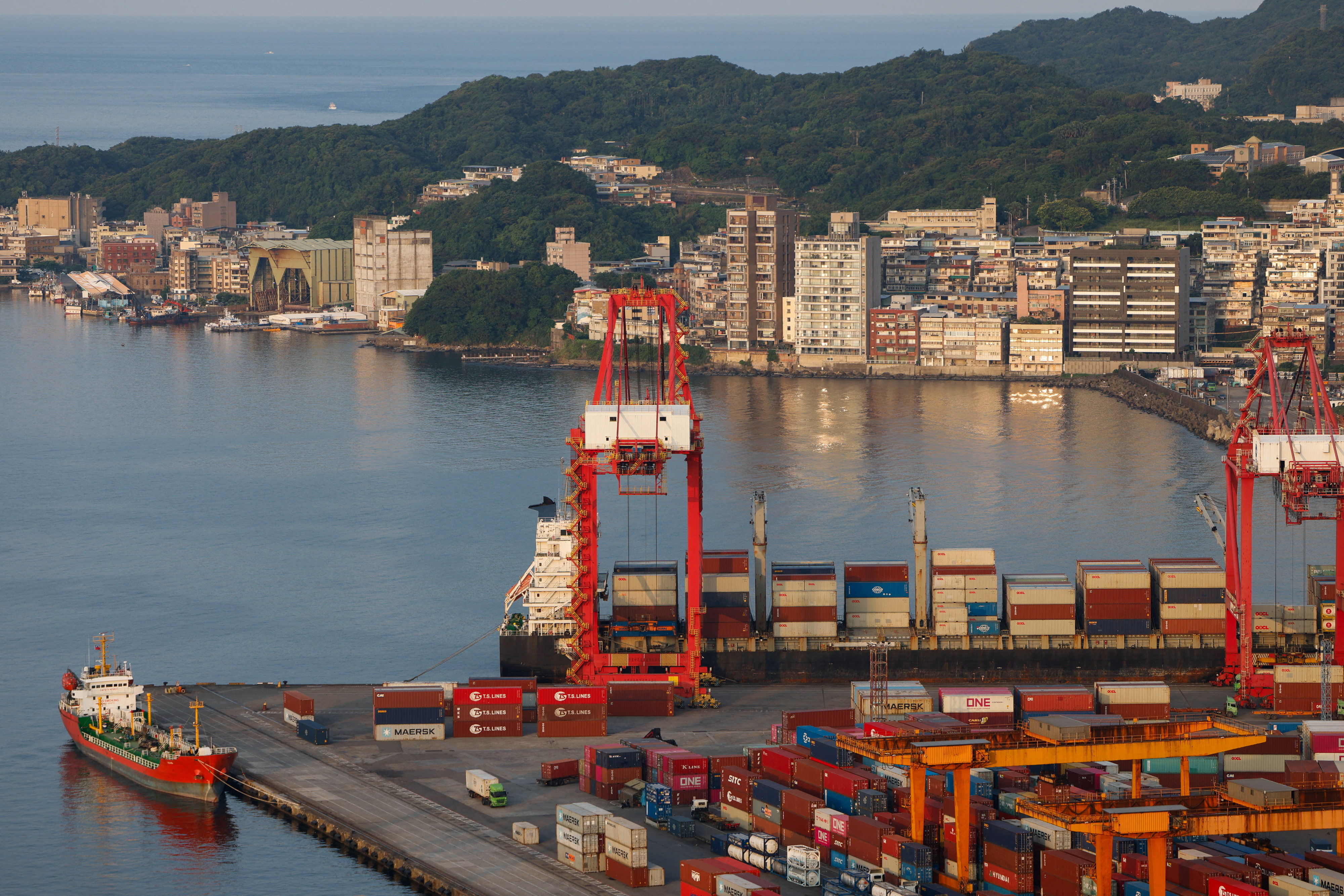 Containers and equipment sit at the Port of Keelung