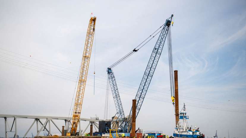 FILE PHOTO: Barge cranes are shown near the collapsed Francis Scott Key Bridge in Baltimore