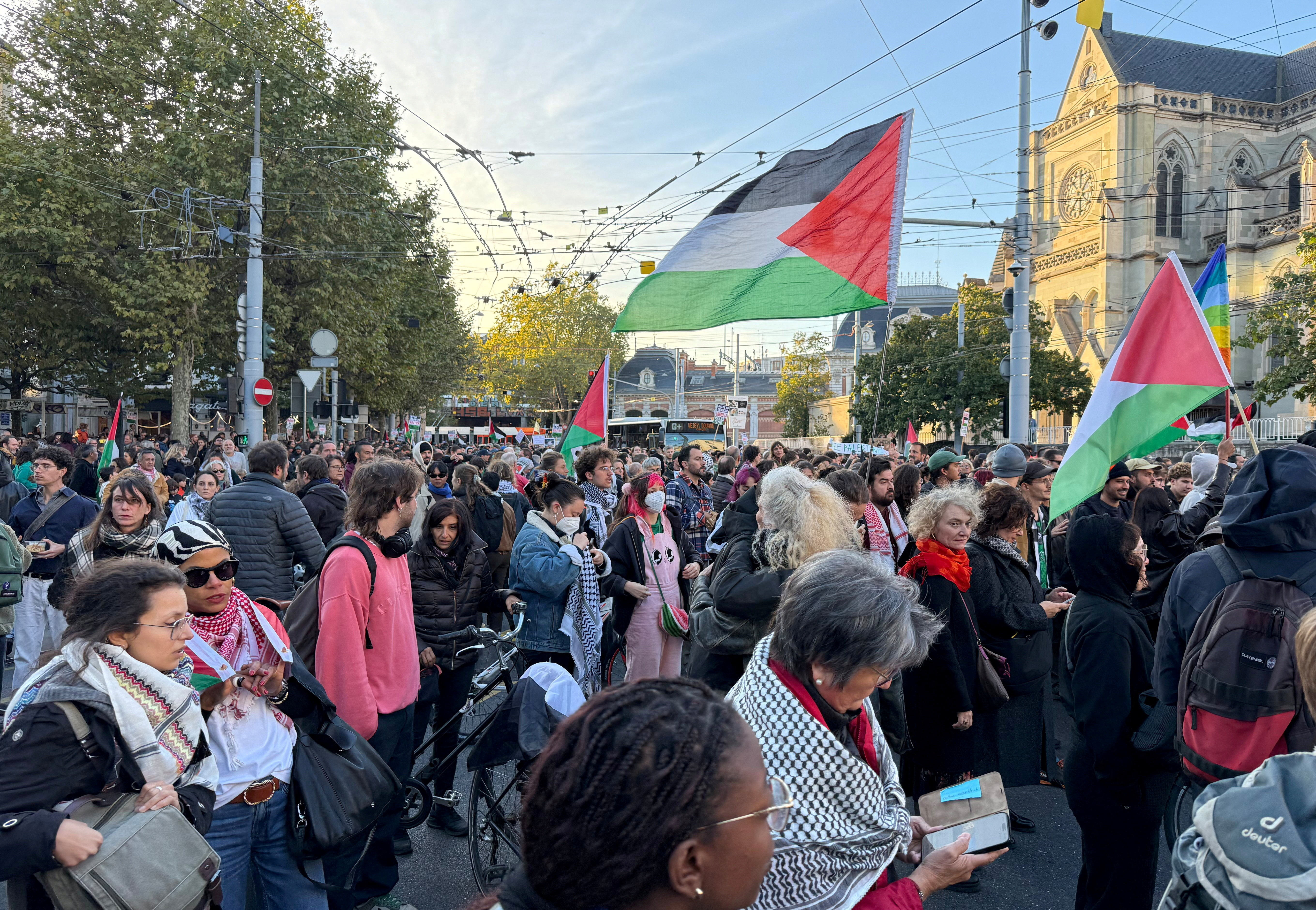 People attend a demonstration in support of the Global Sumud Flotilla intercepted by Israel, in Geneva