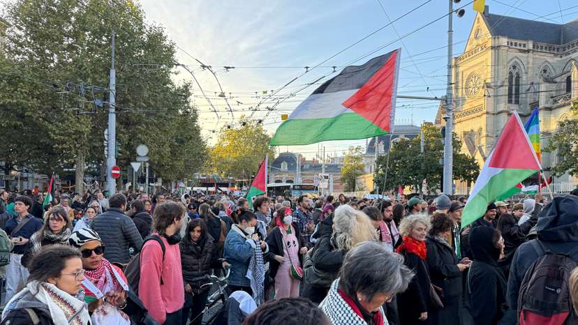 People attend a demonstration in support of the Global Sumud Flotilla intercepted by Israel, in Geneva