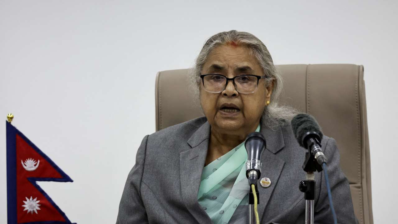 Nepal's interim Prime Minister Sushila Karki speaks as she addresses the nation from her office in Kathmandu