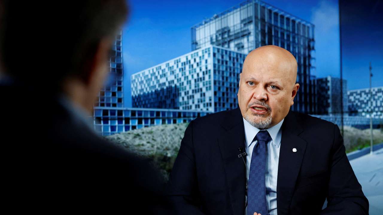 International Criminal Court (ICC) Prosecutor Karim Khan talks during an interview with Reuters