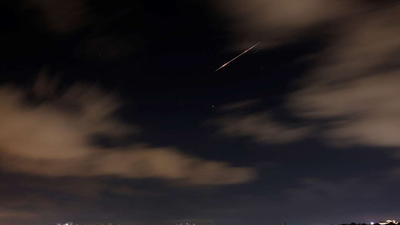 A surface-to-surface missile that was launched from Yemen towards Israel is intercepted by Israel's Arrow system outside of Israeli territory according to the Israeli military, as seen from Ashkelon