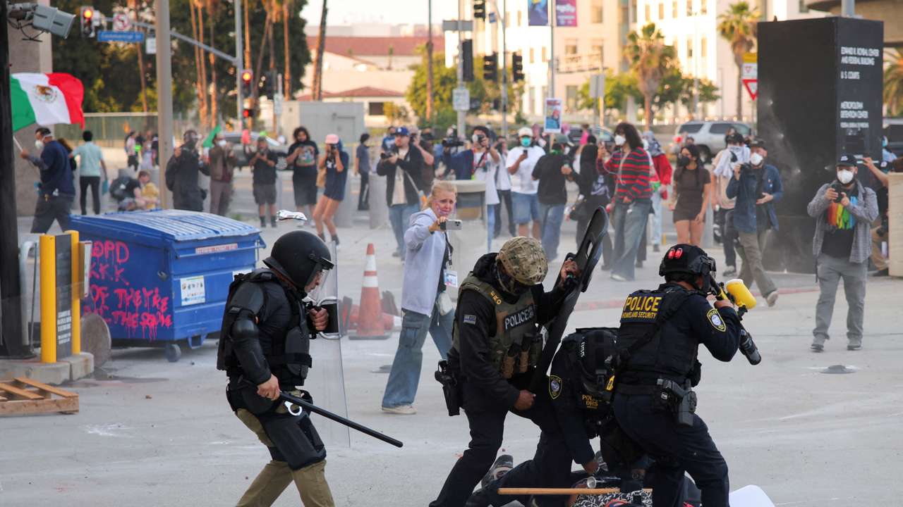 Protesters gather around the Los Angeles Federal Building after multiple detentions by ICE, in Los Angeles