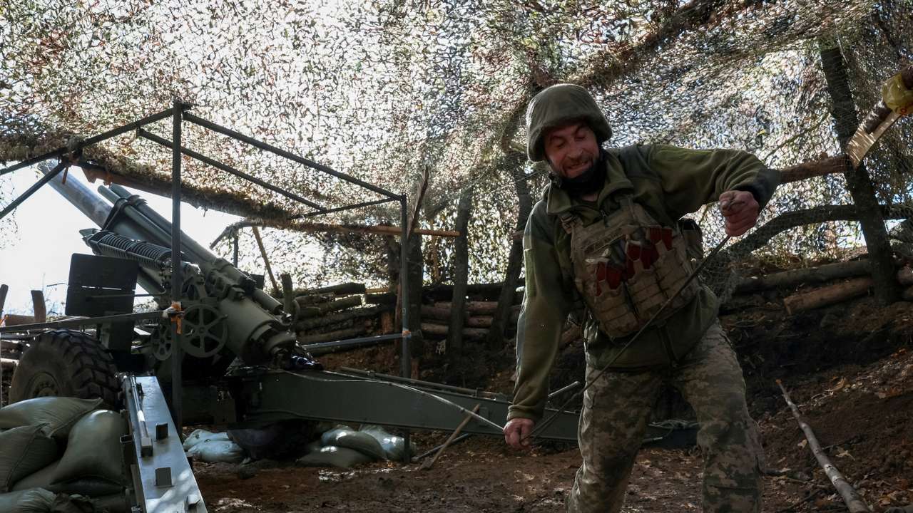 Ukrainian serviceman fires howitzer towards Russian troops near the frontline town of Pokrovsk