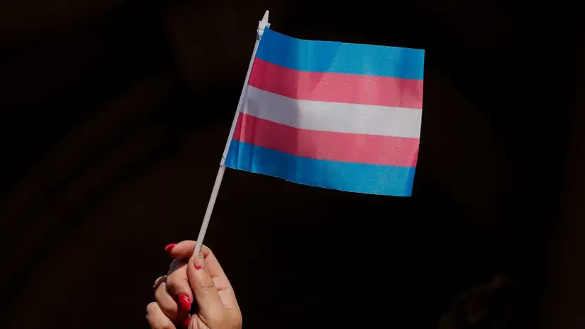A person holds up a flag during rally to protest the Trump administration's reported transgender proposal to narrow the definition of gender to male or female at birth in New York