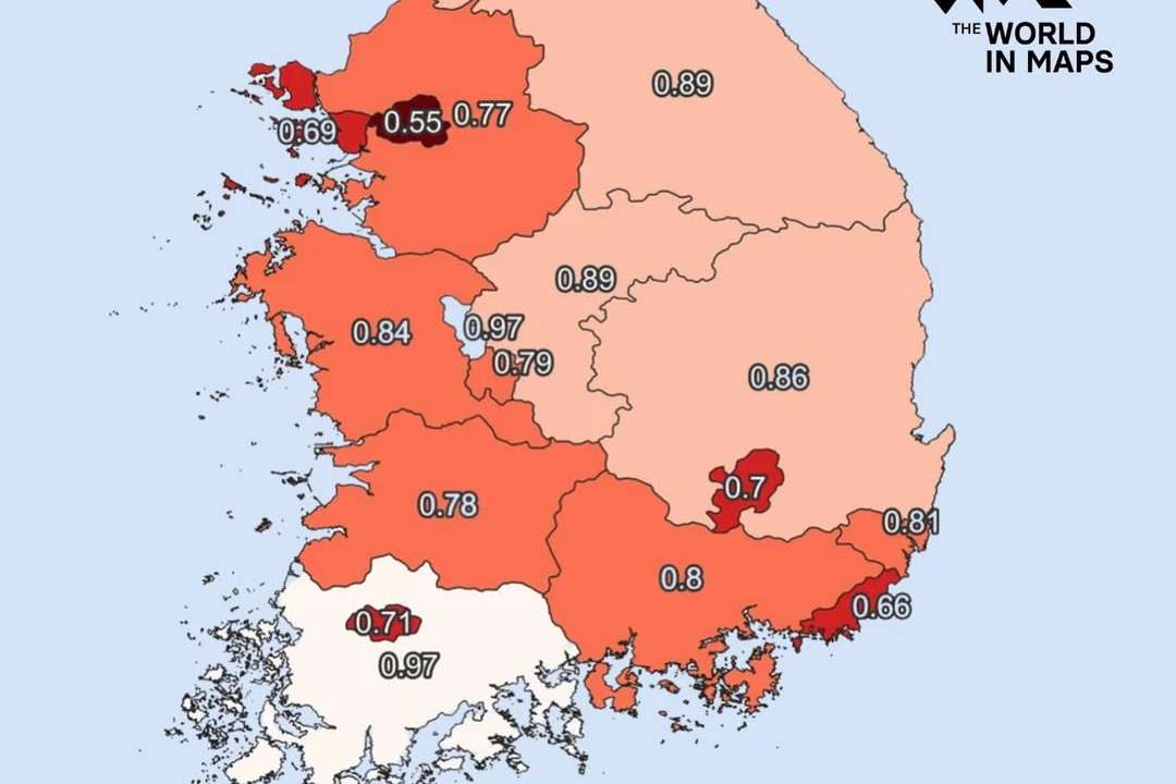 This map shows just how dramatically birth rates vary—and plummet—across South Korea. With a national average of just 0.72 children per woman, and even lower in major cities like Seoul (0.55) and Busan (0.66), the country now holds the