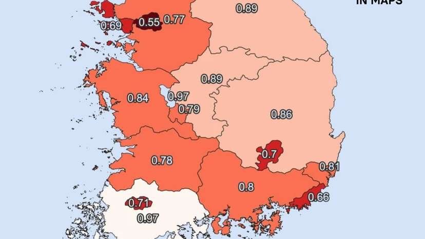 This map shows just how dramatically birth rates vary—and plummet—across South Korea. With a national average of just 0.72 children per woman, and even lower in major cities like Seoul (0.55) and Busan (0.66), the country now holds the