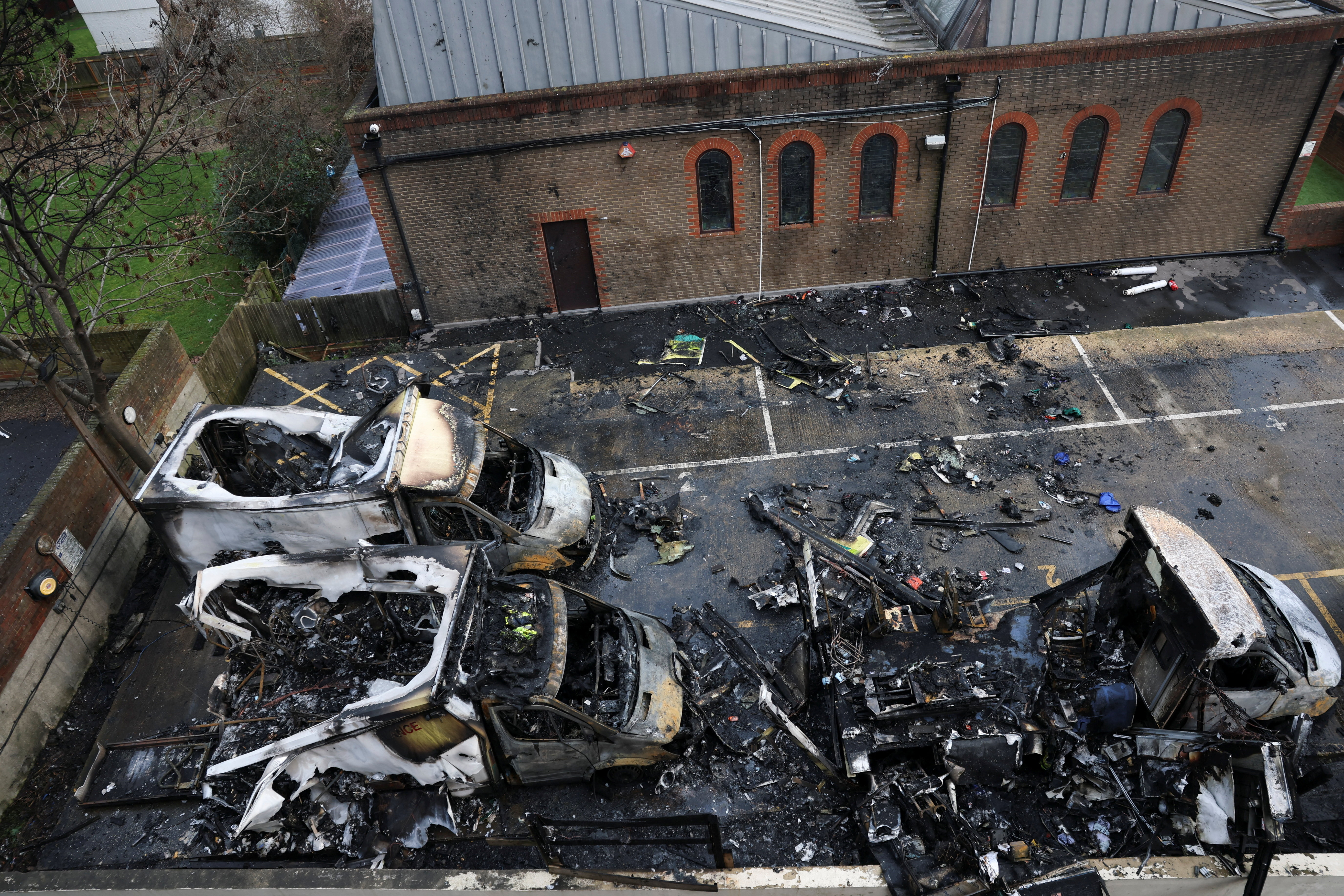 Charred remains of ambulances belonging to Hatzola, a Jewish community organisation, which were set on fire in northwest London