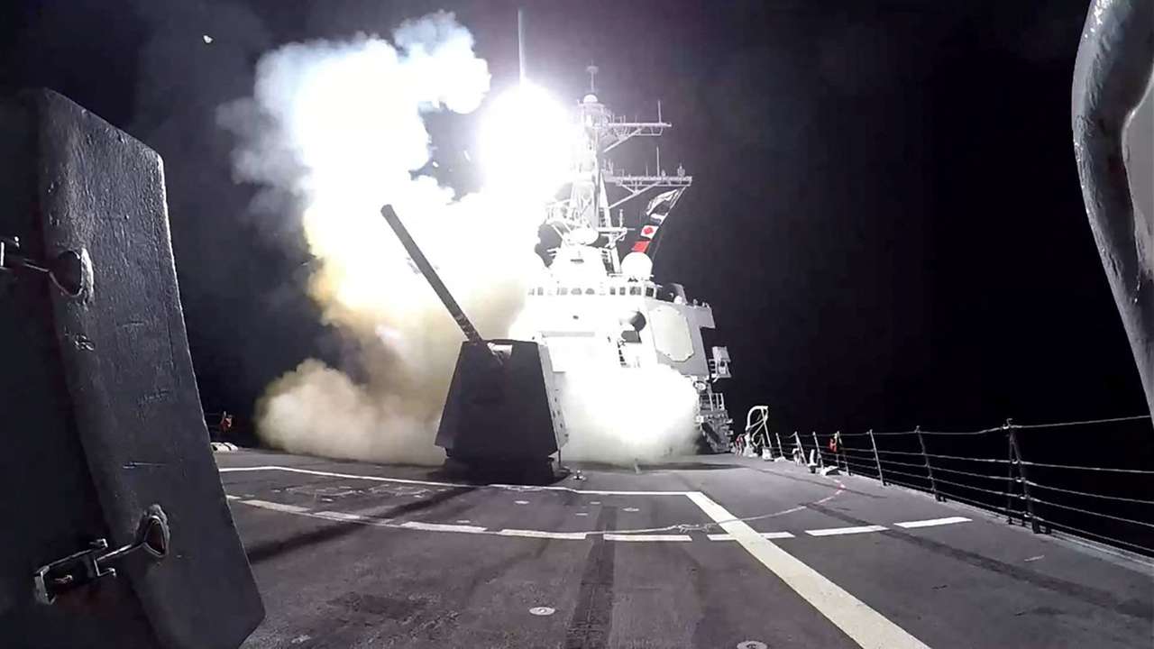 A missile is launched from a U.S. Navy warship against what they describe as Houthi military targets in Yemen