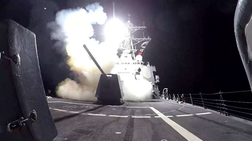 A missile is launched from a U.S. Navy warship against what they describe as Houthi military targets in Yemen