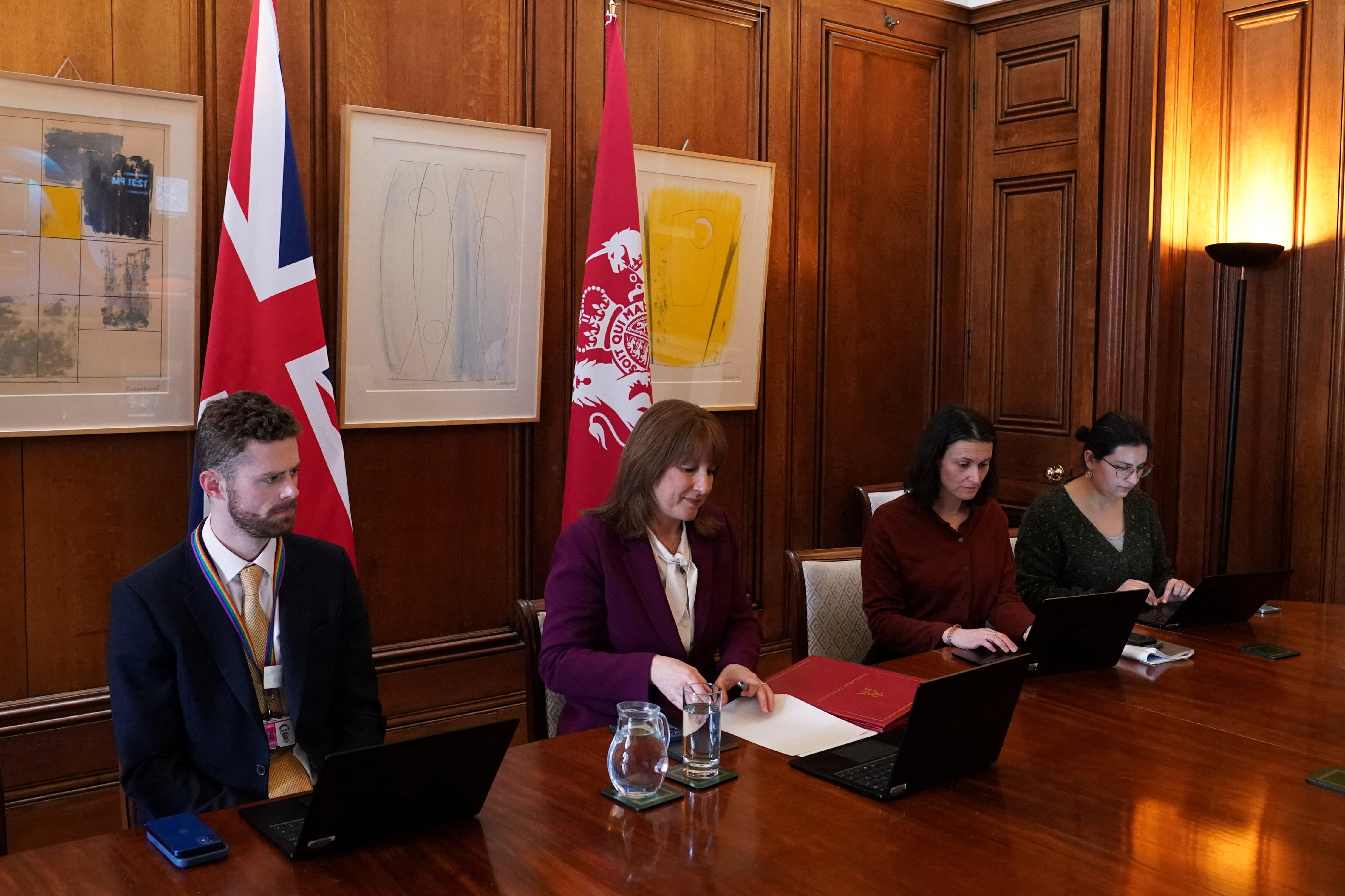 Britain's Chancellor of the Exchequer Rachel Reeves participates in a G7 Finance Ministers video call at Downing Street in London