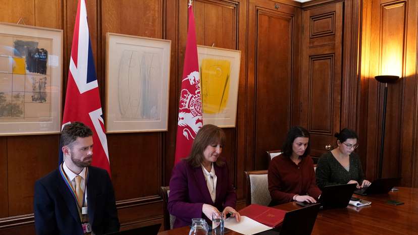 Britain's Chancellor of the Exchequer Rachel Reeves participates in a G7 Finance Ministers video call at Downing Street in London