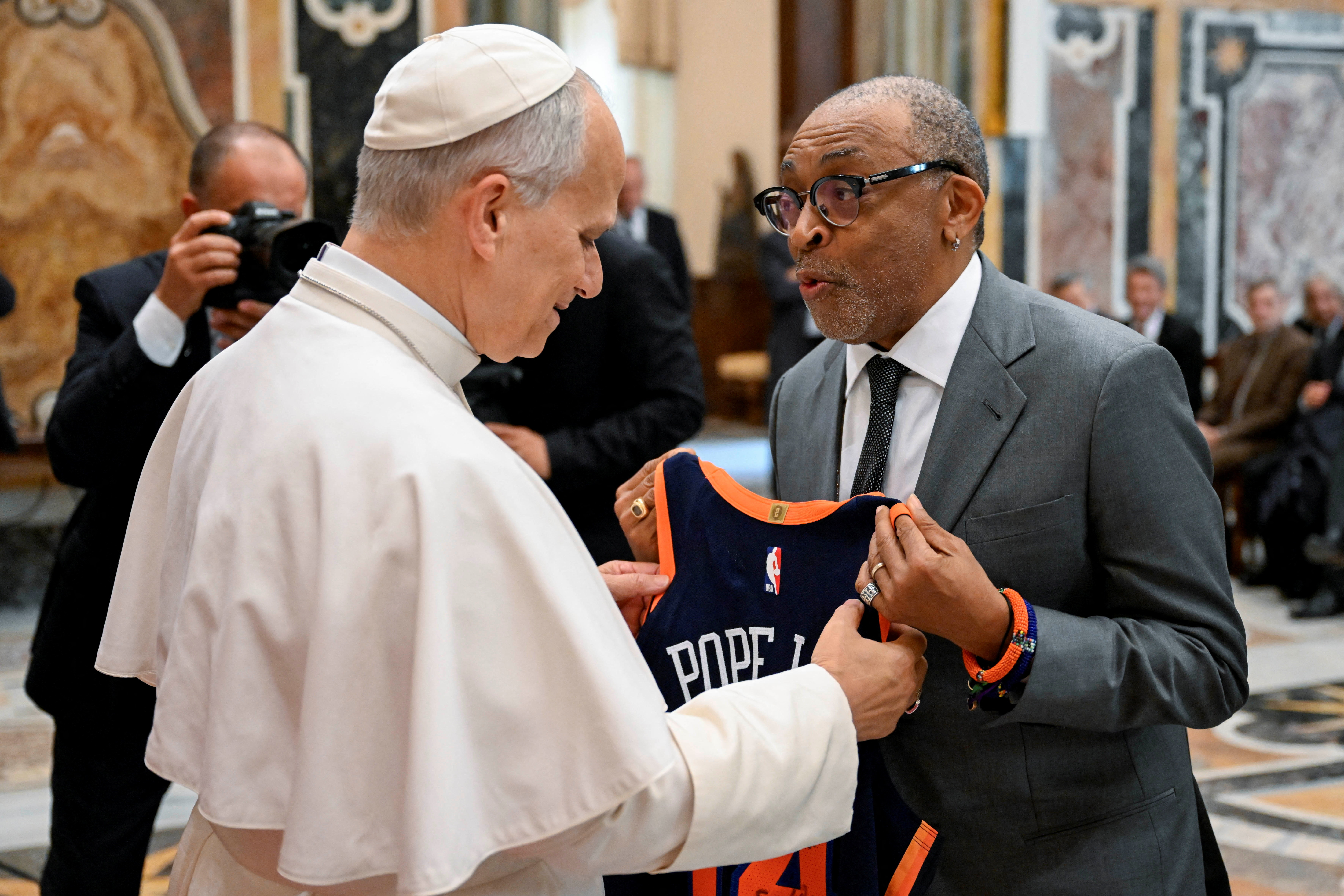 Pope Leo XIV meets international filmmakers and actors during an audience with artists from the world of cinema in the Sala Clementina at the Vatican