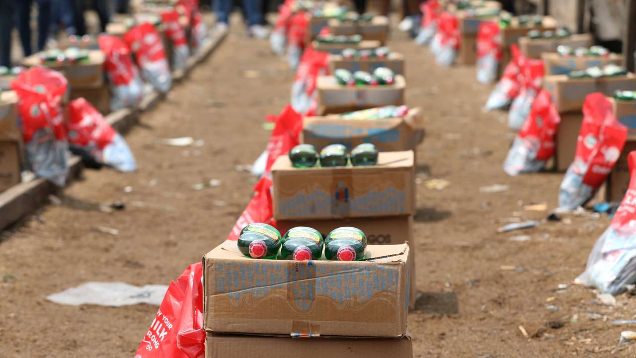 FILE PHOTO: Food supplies are pictured before a food aid distribution by volunteers of the Lagos food bank initiative in a community in Oworoshoki, Lagos, Nigeria