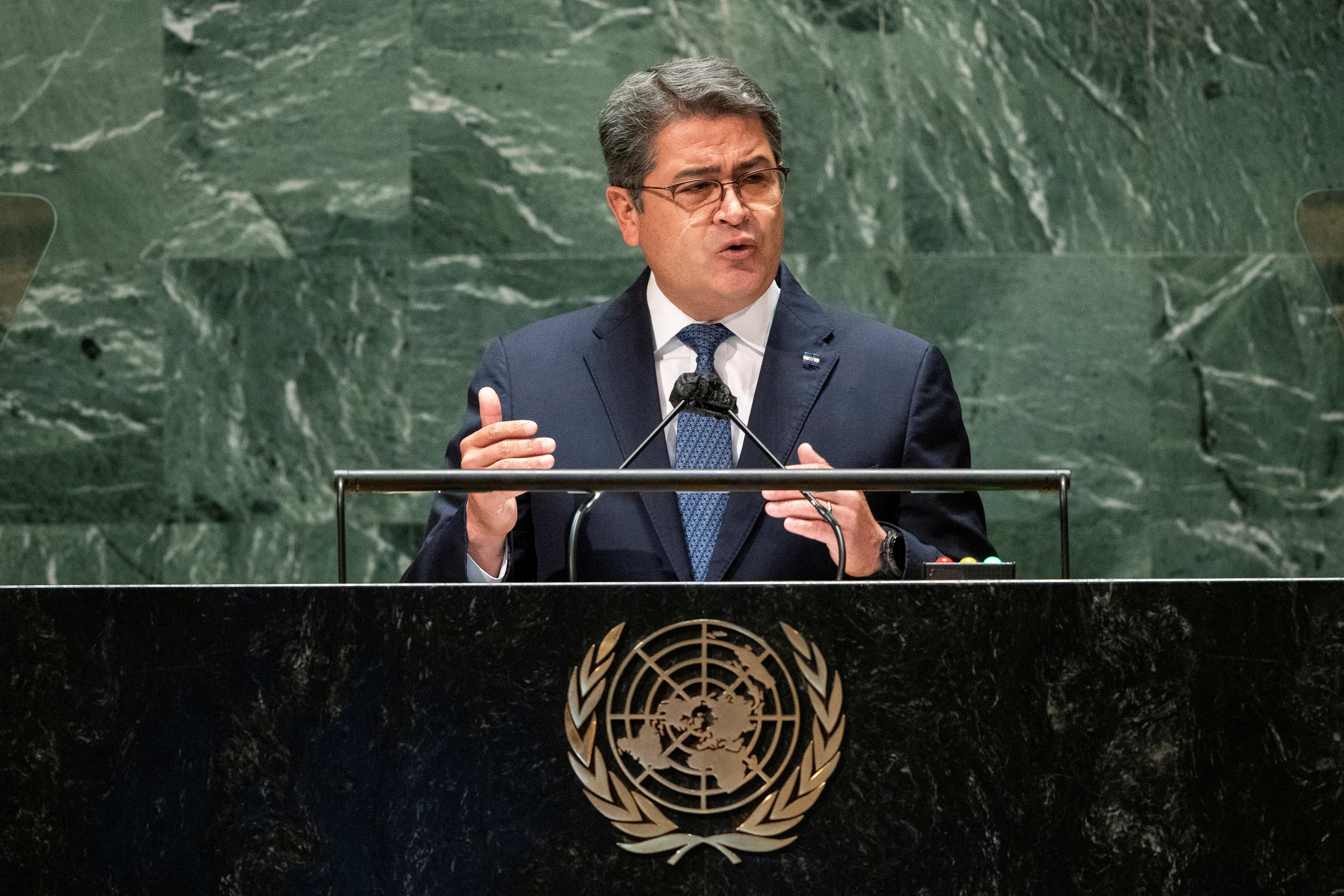 FILE PHOTO: Hondura’s President Juan Orlando Hernandez Alvarado addresses the 76th Session of the U.N. General Assembly in New York City